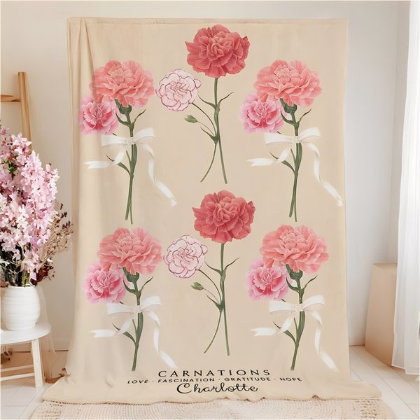 Personalized Birth Flower Soft Throw Blanket with Name Home Decor Birthday Anniversary Gift for Women