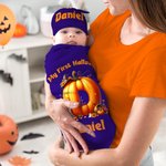 Personalised Pumpkin Initial 100% Cotton Multicolor Swaddle and Knot Hat Set with Name Halloween Baby Shower Gift for Newborns