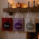 Personalized Pumpkin Plaid Pattern Reusable Canvas Bag with Name Autumn Accessories Halloween Thanksgiving Day Gift for Women