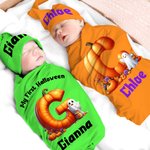 Personalised Pumpkin Initial 100% Cotton Multicolor Swaddle and Knot Hat Set with Name Halloween Baby Shower Gift for Newborns