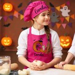 Personalized Cartoon Witch Character Pumpkin Adjustable Apron Chef Hat Set with Name and Initial Daily Use Halloween Party Gift for Kids