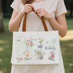 Personalized Floral Butterfly Initial Canvas Tote Bag with Name and PU Leather Handle Birthday Wedding Anniversary Gift for Women Girls