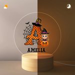 Veilleuse LED Personnalisée Chapeau de Sorcière Citrouille Personnage Cartoon avec Base en Bois Nom et Initiale Cadeau d'Halloween pour Garçons Filles