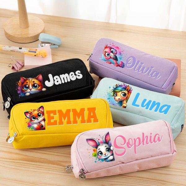 Personalized Cute Cartoon Animal Three-Layer Pencil Case Pouch with Name School Supply Back to School Birthday Gift for Boys Girls