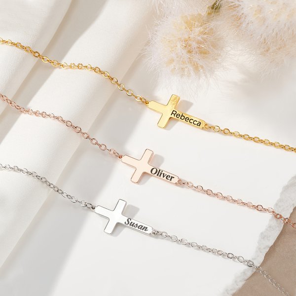 Personalised Minimalist Cross Name Bracelet Dainty Jewellery Christening Anniversary Birthday Gift for Women