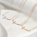 Personalized Sideways Curved Cross Necklace with Name Dainty Jewelry Birthday Anniversary Communion Gift for Women