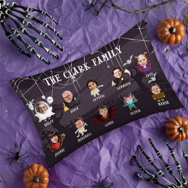 Personalized 1-10 Face Photos Spooky Family Throw Pillow Cover with Names and Text Home Decor Halloween Party Gift for Family