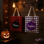 Personalized Pumpkin Plaid Pattern Reusable Canvas Bag with Name Autumn Accessories Halloween Thanksgiving Day Gift for Women