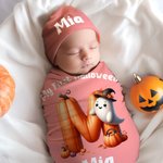 Personalised Pumpkin Initial 100% Cotton Multicolor Swaddle and Knot Hat Set with Name Halloween Baby Shower Gift for Newborns