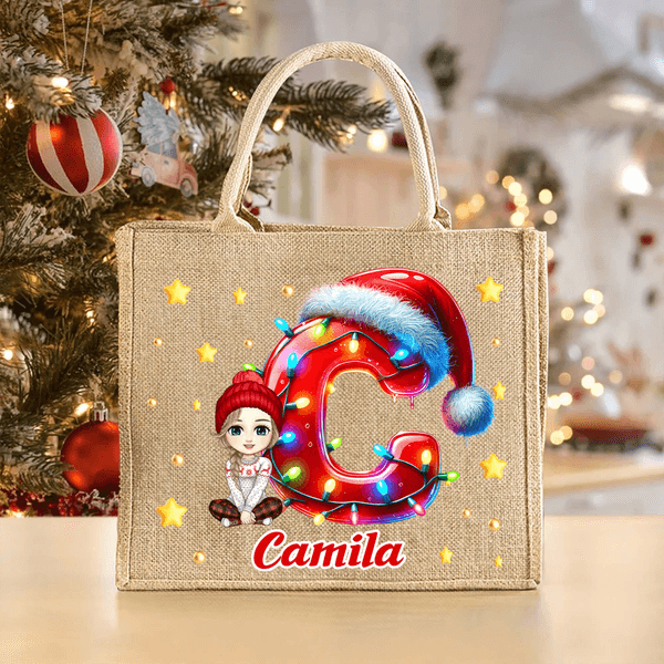 Personalizada Personaje de dibujos animados de Papá Noel Sombrero Inicial Grande Portátil Bolsa de Yute con Nombre Cumpleaños Navidad Regalo para la Familia Amigos