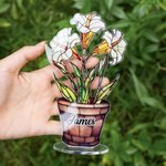 Personalized Faux Stained Glass Birth Flower Pot Acrylic Plaque with Name Home Decor Anniversary Birthday Gift for Family Friends Kids