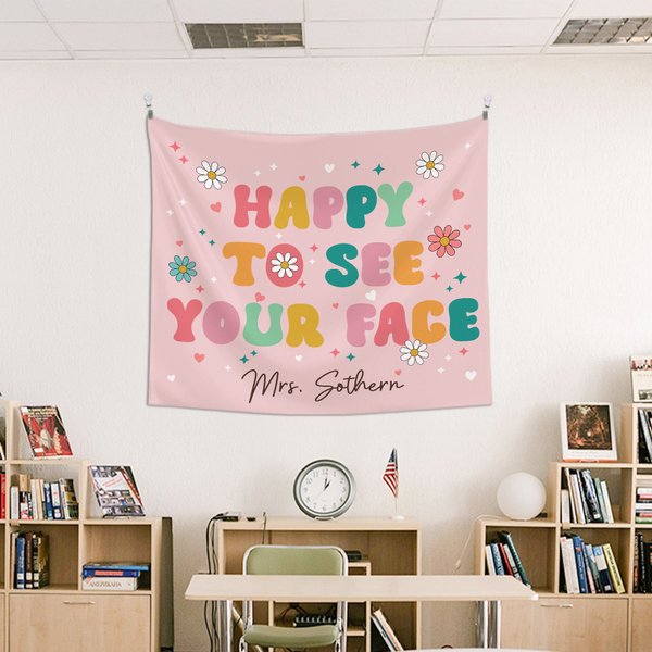 Arazzo personalizzato Happy to See Your Face Flower Rainbow con testo Decor in aula Regalo di ritorno a scuola per gli insegnanti