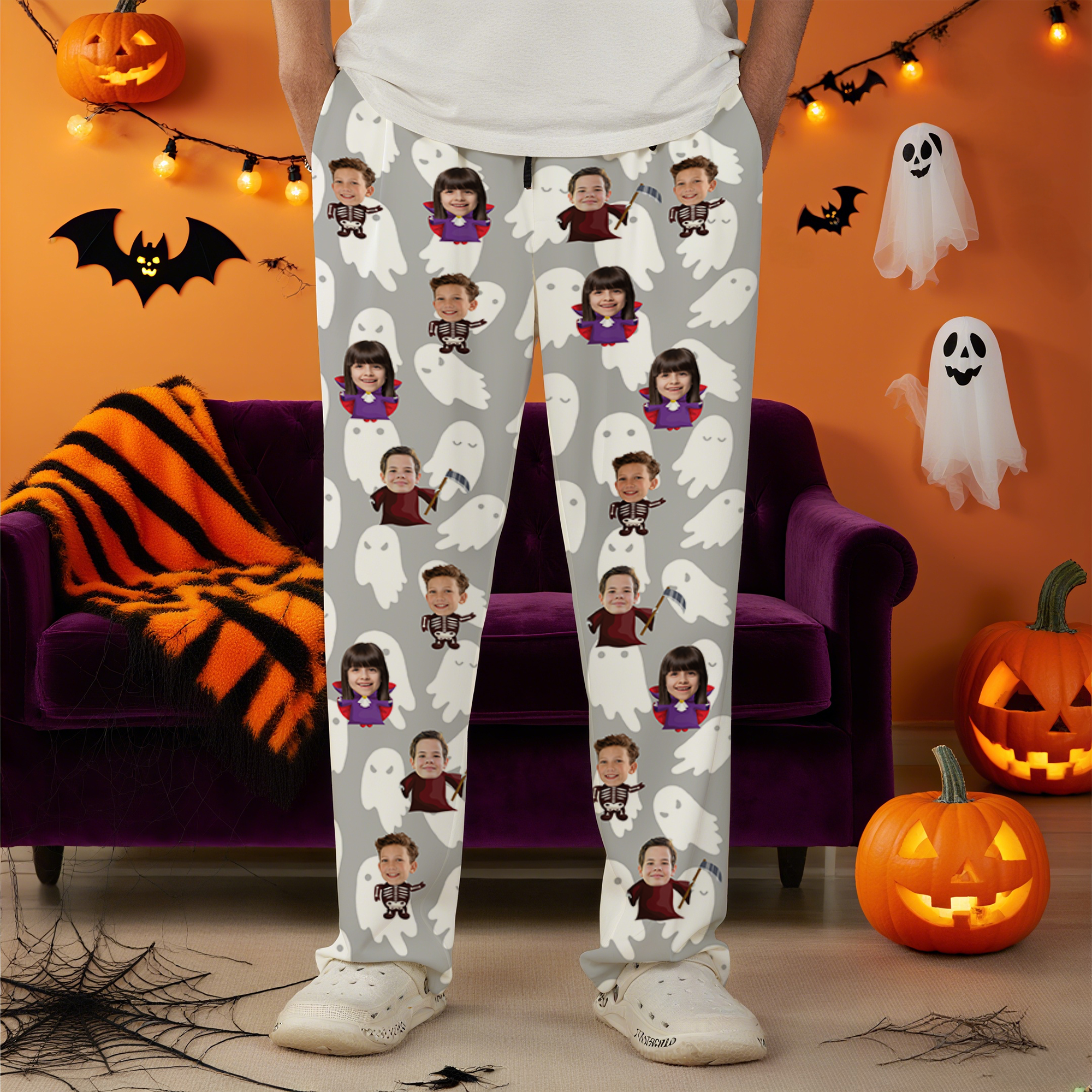 Thème d'Halloween personnalisé 1-4 Photos de visage Pantalon de pyjama doux pour la peau Cadeau d'Halloween pour la famille et les amis