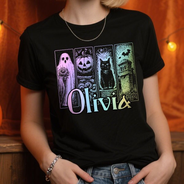 Personalisierte Gothic Ghost Kürbis Schwarz Katze Schloss Multicolor T-shirt Sweatshirt mit Namen Halloween-Kostüm Urlaub Geschenk für Familie Freunde Mädchen