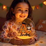 Veilleuse LED Personnalisée Chapeau de Sorcière Citrouille Personnage Cartoon avec Base en Bois Nom et Initiale Cadeau d'Halloween pour Garçons Filles