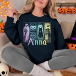 Personalized Gothic Ghost Pumpkin Black Cat Castle Multicolor  T-shirt Sweatshirt with Name Halloween Costume Holiday Gift for Family Friends Girls