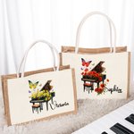 Personalised Birth Flower Butterfly Piano Design Large Jute Tote Bag with Name Travel Essential Birthday Wedding Party Gift for Women Music Lovers