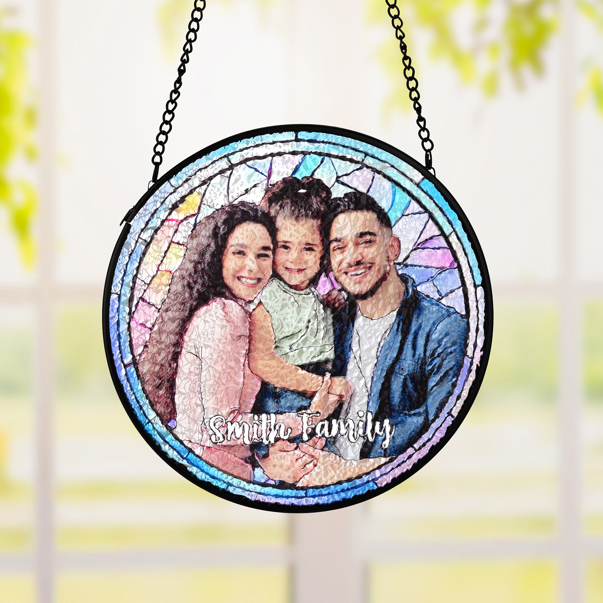 Cristal de soleil personnalisé en verre teinté avec photo de famille et texte Décor de balcon à suspendre Cadeau d'anniversaire pour grand-mère maman