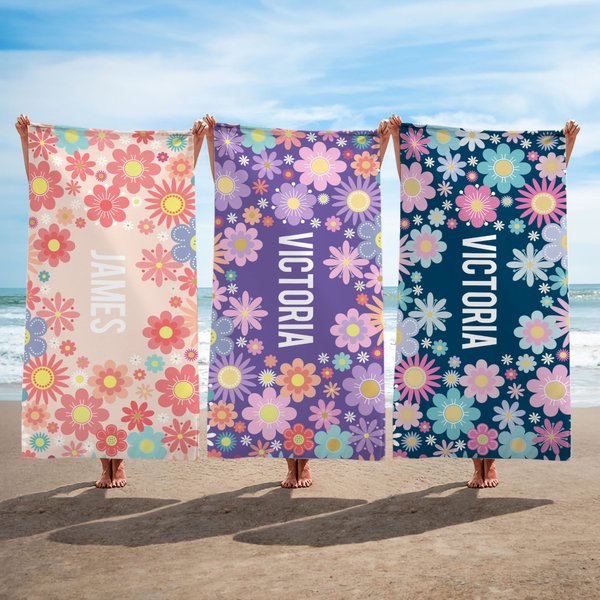Toalla de playa de gran tamaño, de secado rápido, con nombre, personalizada, multicolor, con flores, para niños, mujeres, vacaciones de verano, fiesta en la playa, cumpleaños, etc.