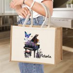 Personalised Birth Flower Butterfly Piano Design Large Jute Tote Bag with Name Travel Essential Birthday Wedding Party Gift for Women Music Lovers