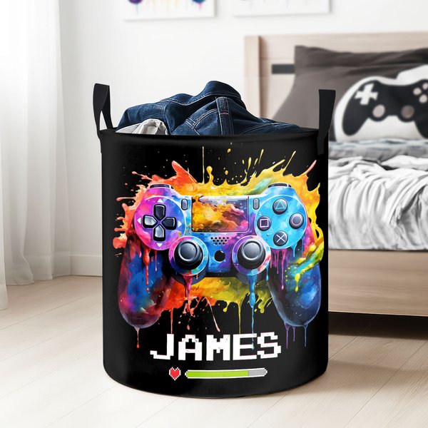 Personalized Ink Splash Game Controller Waterproof Large Laundry Basket with Name and Handle Birthday Housewarming Gift for Game Lover Friends