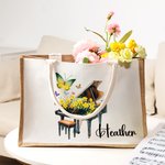 Personalised Birth Flower Butterfly Piano Design Large Jute Tote Bag with Name Travel Essential Birthday Wedding Party Gift for Women Music Lovers