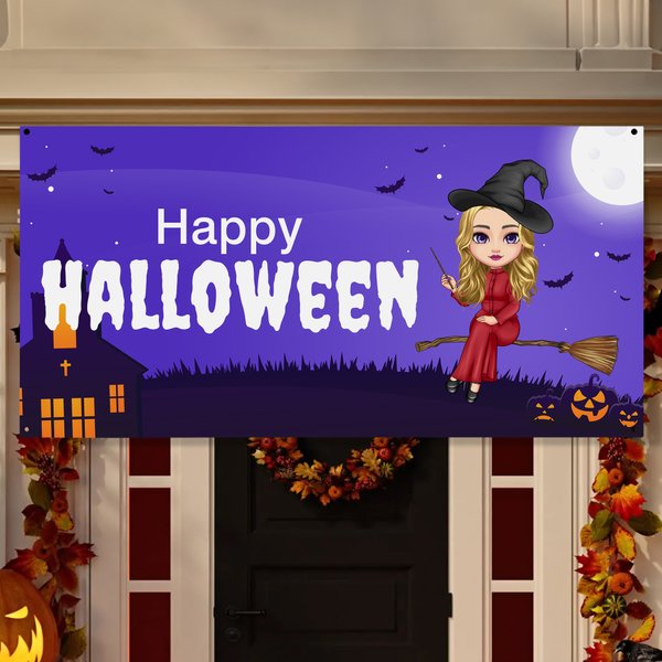 Personalised Witch Cartoon Character Banner with Name and Text Halloween Party Decoration Spooky Season Gift for Women Friends