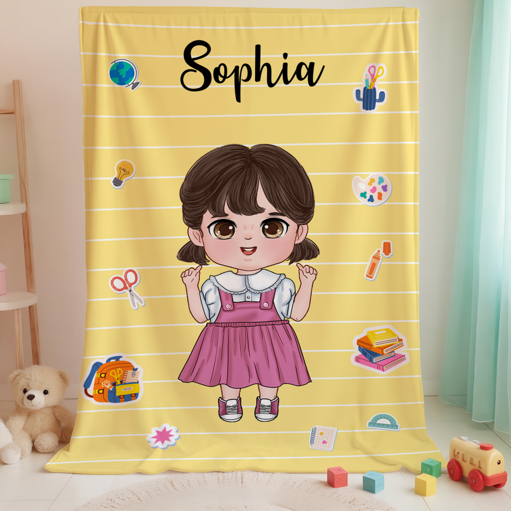 Couverture Douce Personnalisée avec Personnage Dessin Animé et Nom Décoration Maison Cadeau Rentrée Scolaire pour Garçons Filles
