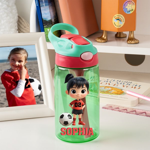 Personalised 3D Cartoon Soccer Character 16 oz Kid Water Bottle with Name and Silicone Straw Back to School Birthday Gift for Boys Girls