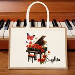 Personalised Birth Flower Butterfly Piano Design Large Jute Tote Bag with Name Travel Essential Birthday Wedding Party Gift for Women Music Lovers
