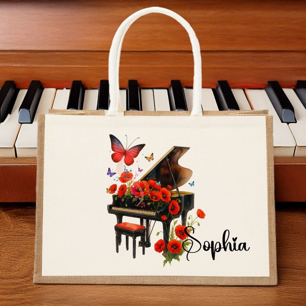 Henkilökohtainen Syntymä Kukka Perhonen Piano Design Suuri Juutti Kangaskassi nimi Travel Essential Syntymäpäivä Häät Puolue lahja naisille musiikin ystäville