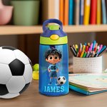 Gepersonaliseerde 3D Cartoon Voetbal Karakter 16 oz Kid Waterfles met naam en siliconen rietje terug naar school Verjaardagscadeau voor jongens meisjes