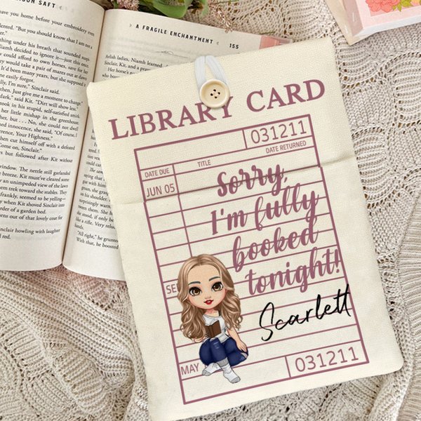 Personalized Library Card Cartoon Character Book Sleeve Protector with Front Pocket and Name Reading Club Birthday Gift for Bookworms