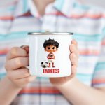 Personalized 3D Cartoon Soccer Character Portable 12 oz Enamel Cup with Name Birthday Children's Day Game Day Gift for Children