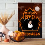 Personalized Cartoon Ghost Castle Garden Flag with 1-6 Face Photos Yard Garden Decor Spooky Season Halloween Gift for Family