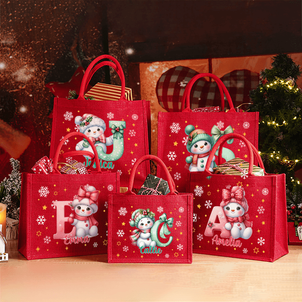 Sac en toile de jute avec nom et initiales Cadeau de Noël pour enfants Famille Amis