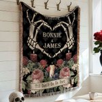Personalized Gothic Skeleton Hands Heart Rose Soft Throw Blanket with Tassel and Name Home Decor Halloween Wedding Gift for Couple Goth Lovers