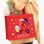 Personalisierte Cartoon-Charakter Weihnachtsmütze Light Strip Initial großen roten Jute Geschenk Tote Tasche mit Namen Weihnachtsfest Party Geschenk für Familie