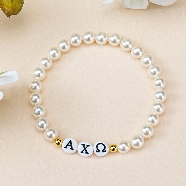 Personalised Greek Letter Pearl Beaded Elastic Stretch Bracelet Dainty Jewellery Bid Day Sorority Gift for Women Girls | Callie × Affinity Licensing