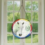 Décoration solaire personnalisée en verre teinté avec photo de cheval et nom Décoration de balcon à suspendre Cadeau d'anniversaire pour les amoureux des chevaux