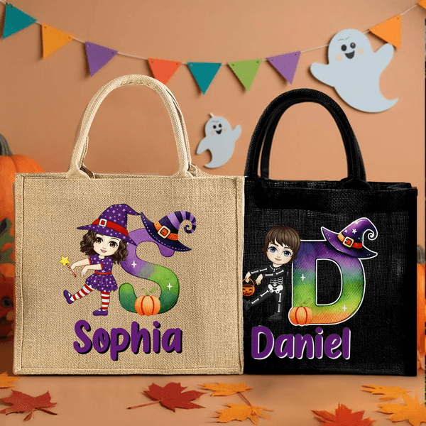 Personalised Witch Hat Initial Halloween Cartoon Character Jute Bag with Name Halloween Party Gift for Boys Girls