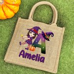 Personalized Witch Hat Initial Halloween Cartoon Character Jute Bag with Name Halloween Party Gift for Boys Girls