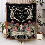 Personalized Gothic Skeleton Hands Heart Rose Soft Throw Blanket with Tassel and Name Home Decor Halloween Wedding Gift for Couple Goth Lovers