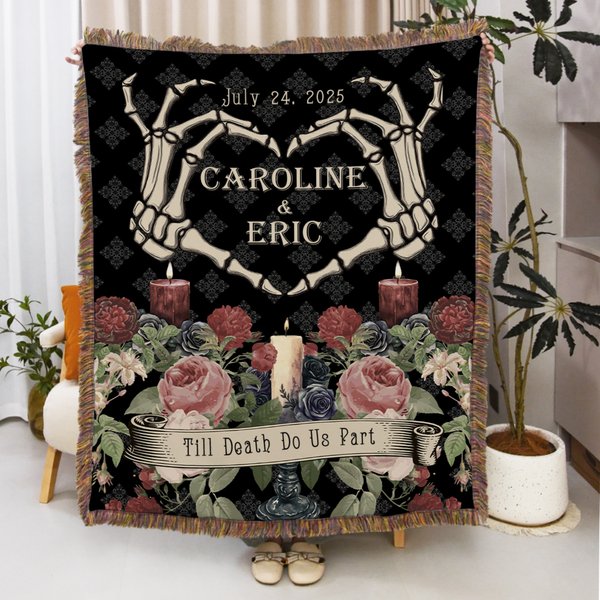 Personalised Gothic Skeleton Hands Heart Rose Soft Throw Blanket with Tassel and Name Home Decor Halloween Wedding Gift for Couple Goth Lovers