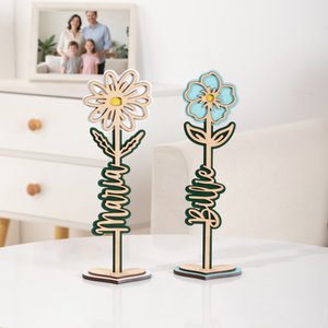 Personalised Wooden Birth Flower Name Sign Plaque with Heart Base Desk Decor Birthday Anniversary Gift for Mom Wife Women