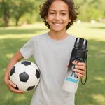 Personalized Cartoon Soccer Character Name Gradient Sports Water Bottle with Flip Top Lid and Strap Birthday Gift for Gym Fitness Soccer Lover