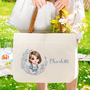 Personalized Birth Flower Cartoon Character Canvas Tote Bag with Name and PU Leather Handle Travel Essentials Birthday Anniversary Gift for Women