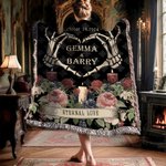Personalized Gothic Skeleton Hands Heart Rose Soft Throw Blanket with Tassel and Name Home Decor Halloween Wedding Gift for Couple Goth Lovers