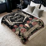 Personalized Gothic Skeleton Hands Heart Rose Soft Throw Blanket with Tassel and Name Home Decor Halloween Wedding Gift for Couple Goth Lovers