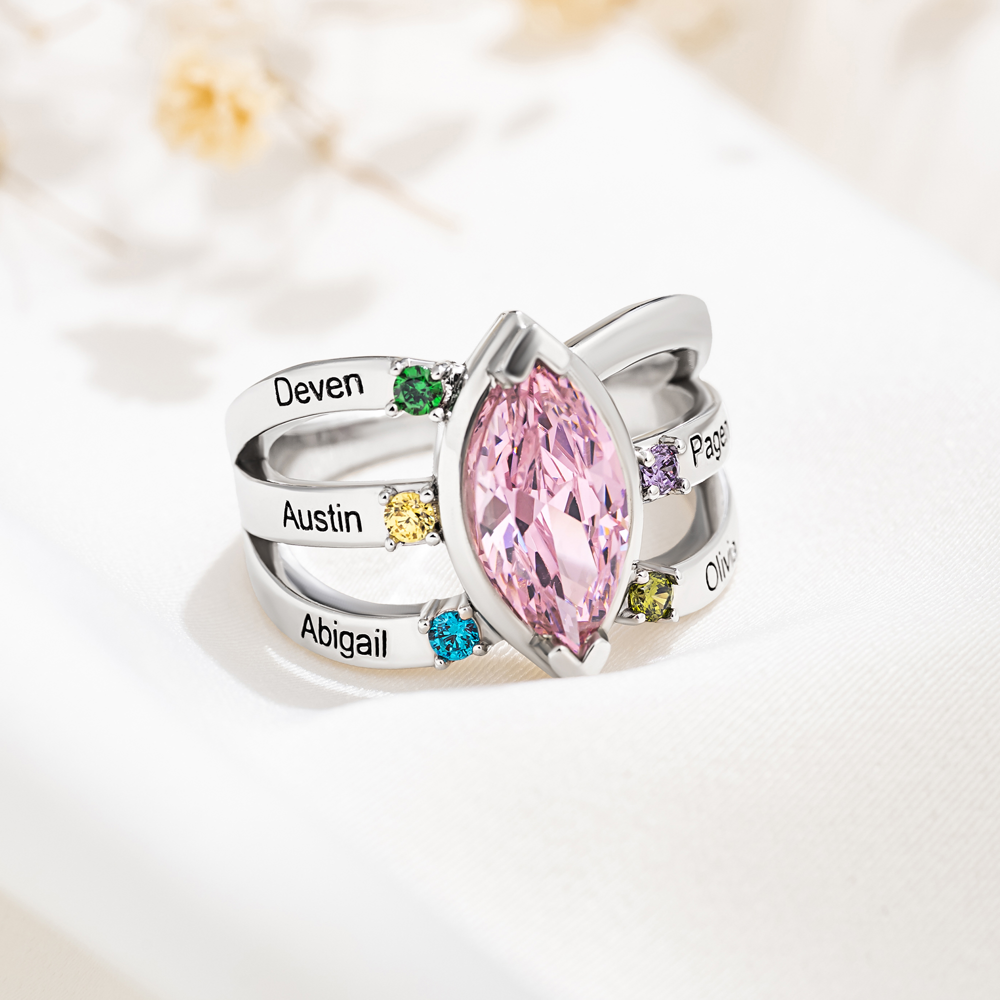 Bague Personnalisée avec 1-8 Noms Texte Gravés et Pierres de Naissance Cadeau Anniversaire Fête pour Maman Femme